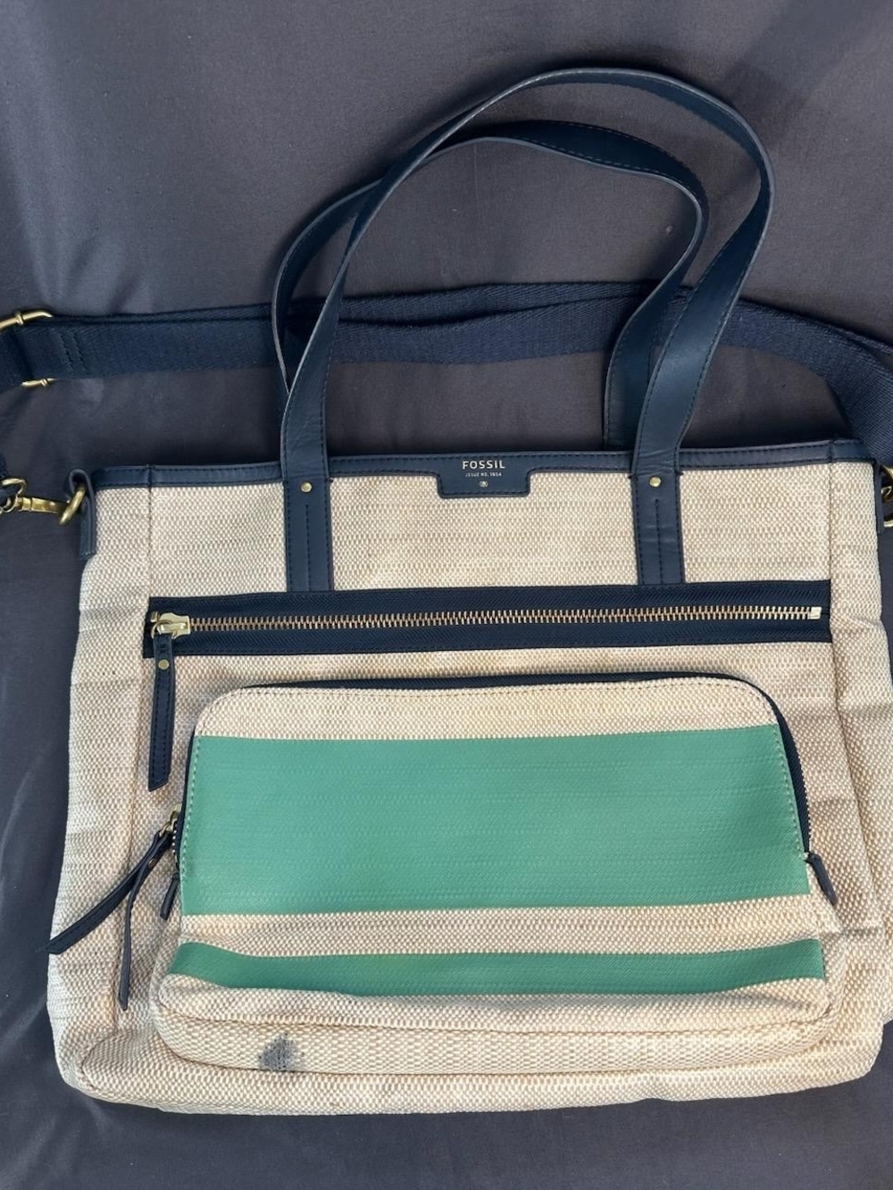 Fossil Beige Canvas Tote with Navy Straps and Green Front Pocket